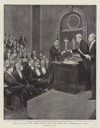 Prijsuitreiking op de Royal Academy Schools, Sir Edward Poynter, PRA, presenteert de prijzen